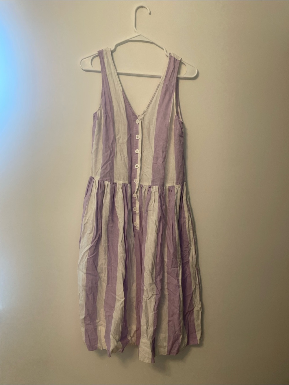 Urban Outfitters Sleeveless Lavender and White Striped Button-Front Dress